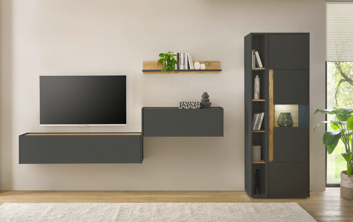 WOHNWAND grau matt, Eiche Wotan 340 cm, Schrankwand mit Sekretär - Eiche Wotan/Grau, Glas/Holzwerkstoff (340/200/40cm) - Furn.Design