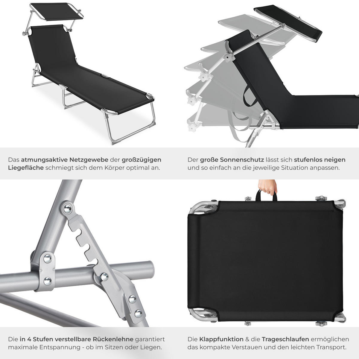 GARTENLIEGE 2er Set, 190 x 68 x 28 cm,schwarz - Schwarz, Kunststoff (68/28/190cm) - tectake