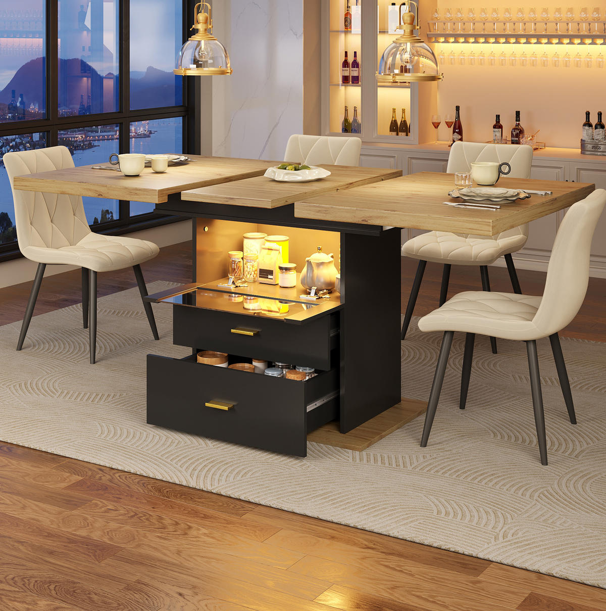 JEDÁLENSKÝ stôl 110/140/80/75 cm dekor dreva MDF/kov čierny s LED osvetlením - prírodná farba, kompozitné drevo (140/80/75cm) - BEAOK