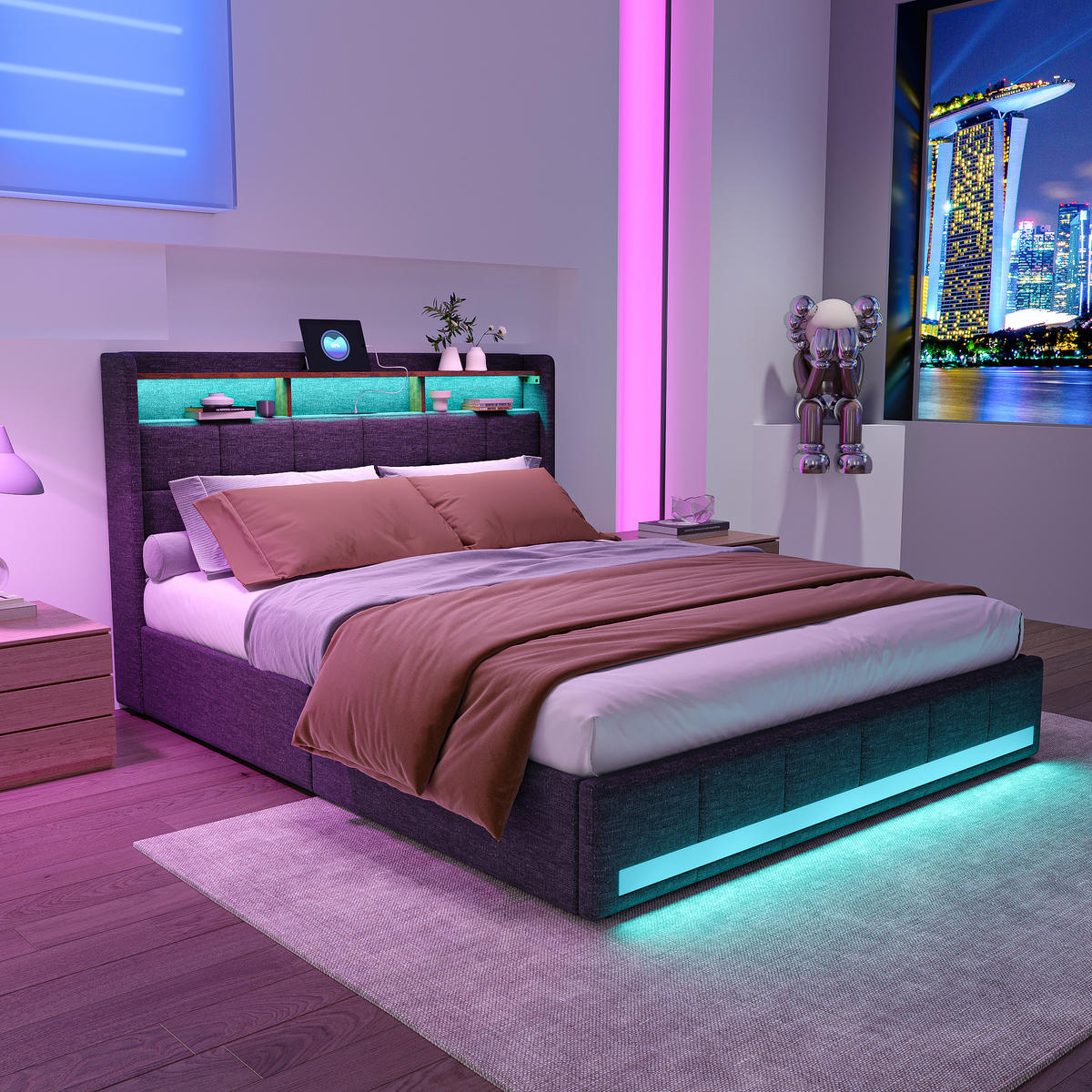 POLSTERBETT Leinen 160x200 cm mit LED Beleuchtung, USB und 4 Schubladen Grau - Grau, Holzwerkstoff (160/200cm) - Novahome