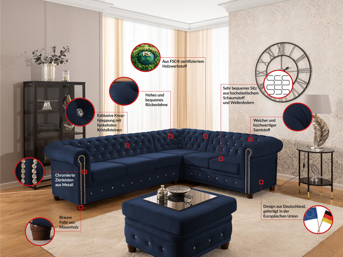 ECKSOFA Chesterfield Cleo Blink Marineblau Samt mit Kristallsteppung und braunen Massivholzfüßen - Ottomane Rechts - Blau/Braun, Holz/Textil (264/210cm) - S-Style Möbel