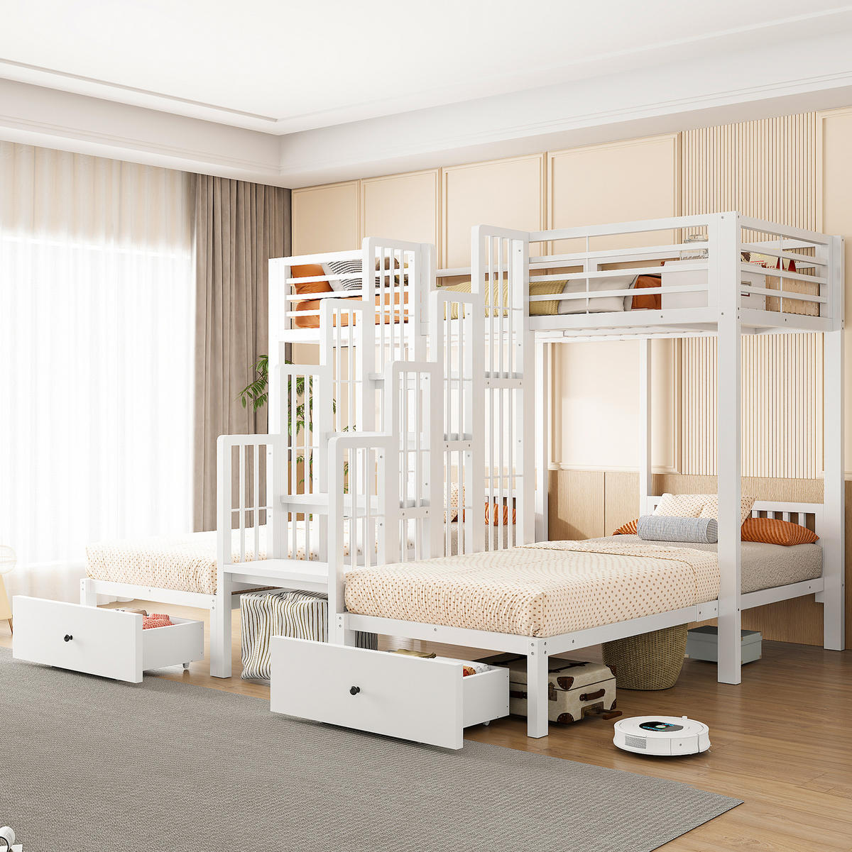 ETAGENBETT aus Metall und Holz 90x200 cm Weiß mit Treppe, Sicherheitsgeländern und 2 Schubladen - Weiß, Metall (90/200cm) - Modfu