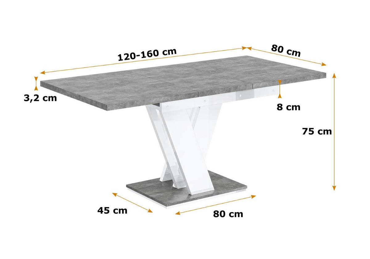 ESSTISCH ausziehbar 120 -160x80x75 cm - Betonoptik / Hochglanz Weiß - ASIV - Grau, Holzwerkstoff (120/80/75cm) - ALTDECOR