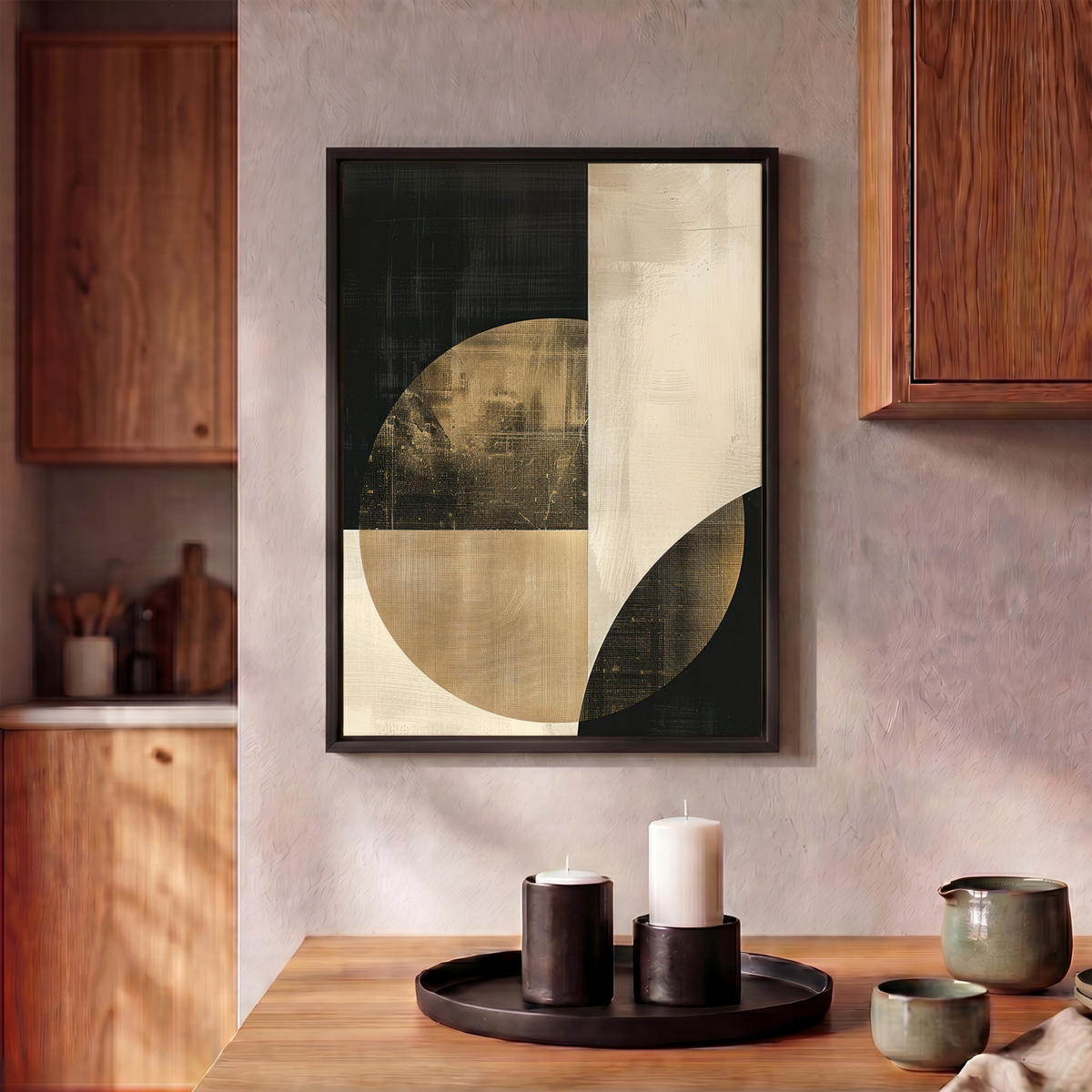 LEINWAND Bilder mit Rahmen - Abstrakt - Geometrische Formen - Schwarz - Gold - 30x40 - Ecru, Textil (30/40cm) - MuchoWow