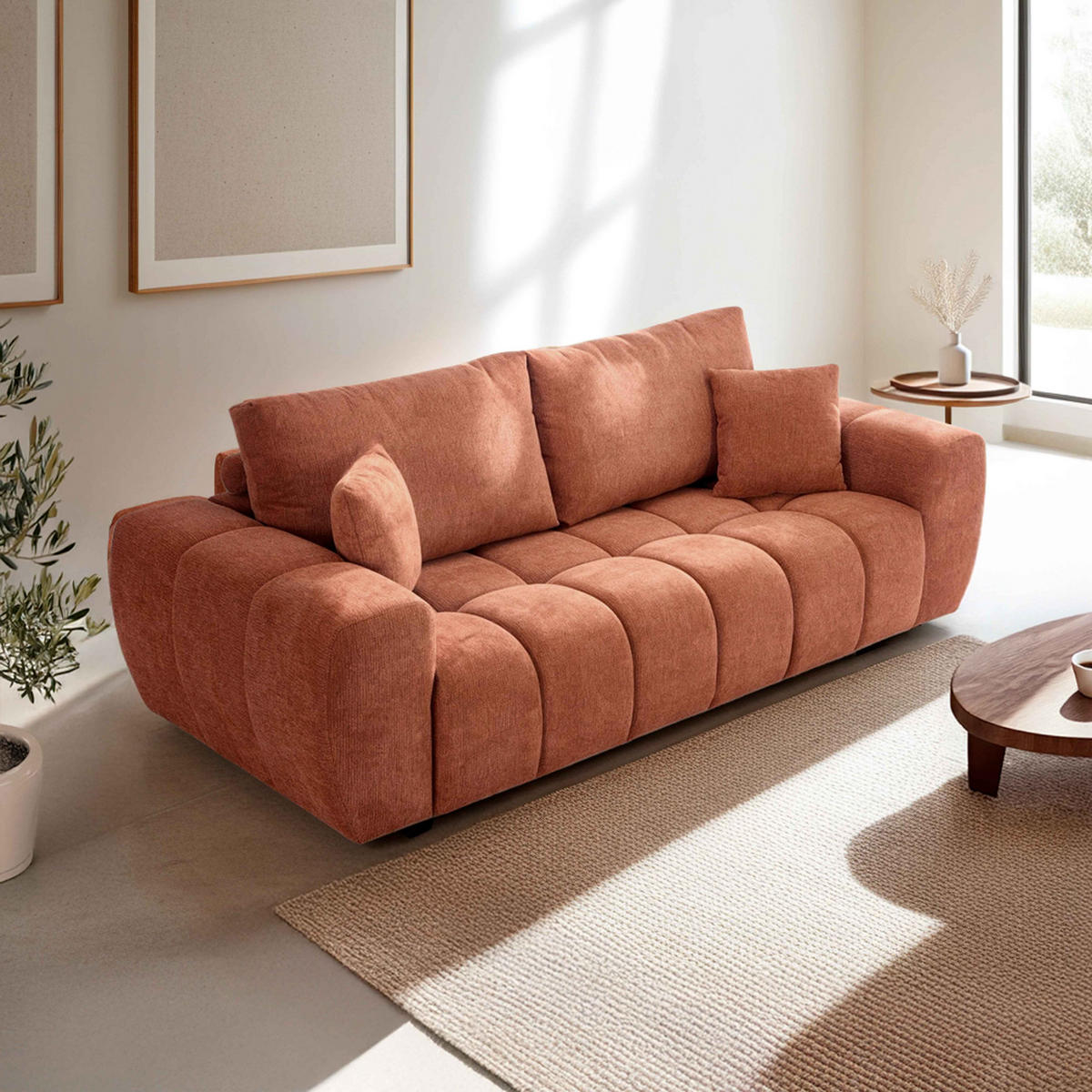 SOFA 3-Sitzer, Terrakotta - Rot, Textil (100/90/238cm) - Oviala