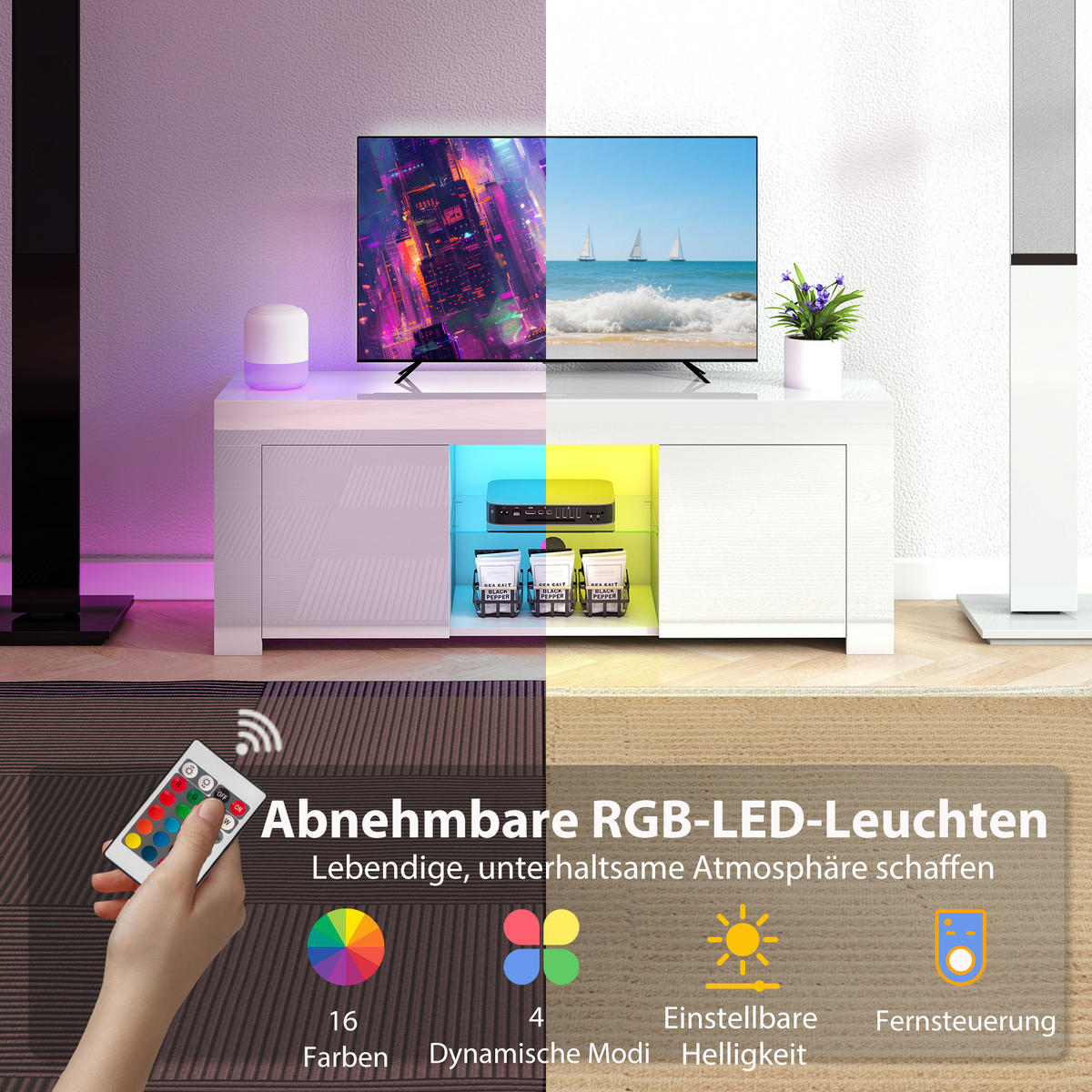 TV-SCHRANK mit LED-Beleuchtung, 2 Schranktüren, Glasregal, Kabellöcher Weiß - Weiß, Glas/Holzwerkstoff (34/45/120cm) - HOMCOM
