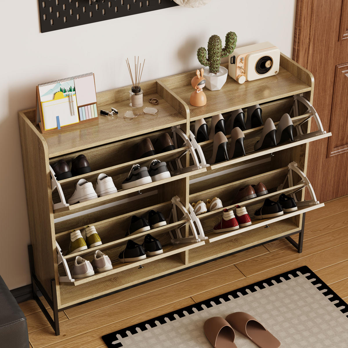 SCHUHSCHRANK mit 4 Klappen 118/25/91,5 cm in Naturfarbe, schmal und platzsparend - Naturfarben, Holzwerkstoff (118/91.5/25cm) - BEAOK