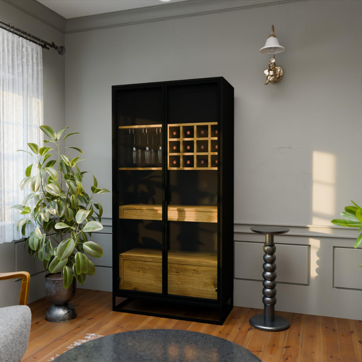 SPIRITUOSENSCHRANK aus Eiche Bar NEMIR I - Eichefarben, Holz (100/200/45cm) - Rawood Furniture