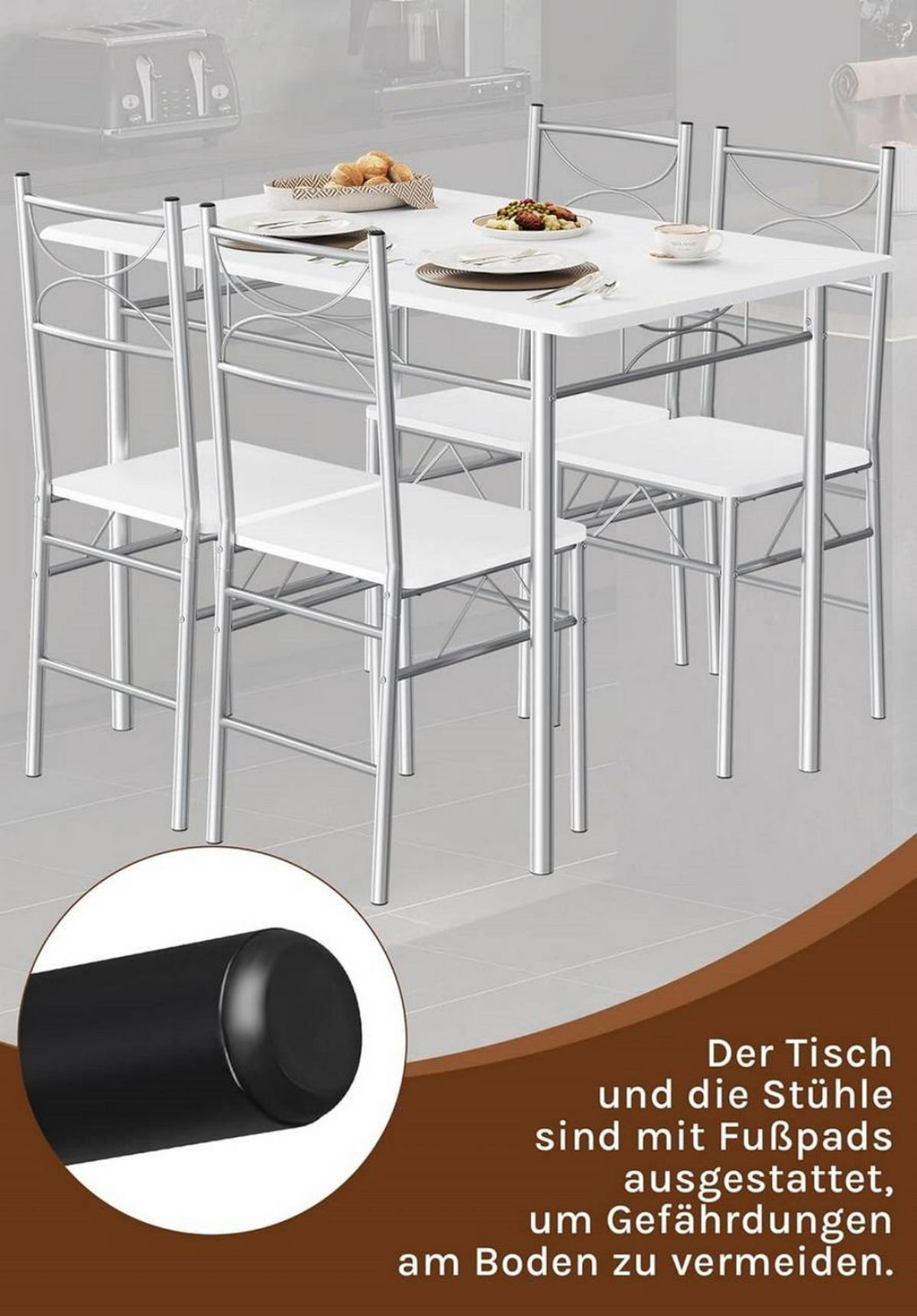 TISCHGRUPPE Esstisch mit 4 Stühlen, MDF, Weiß - Silberfarben/Weiß, Holzwerkstoff/Metall (110/76/70cm) - Woltu