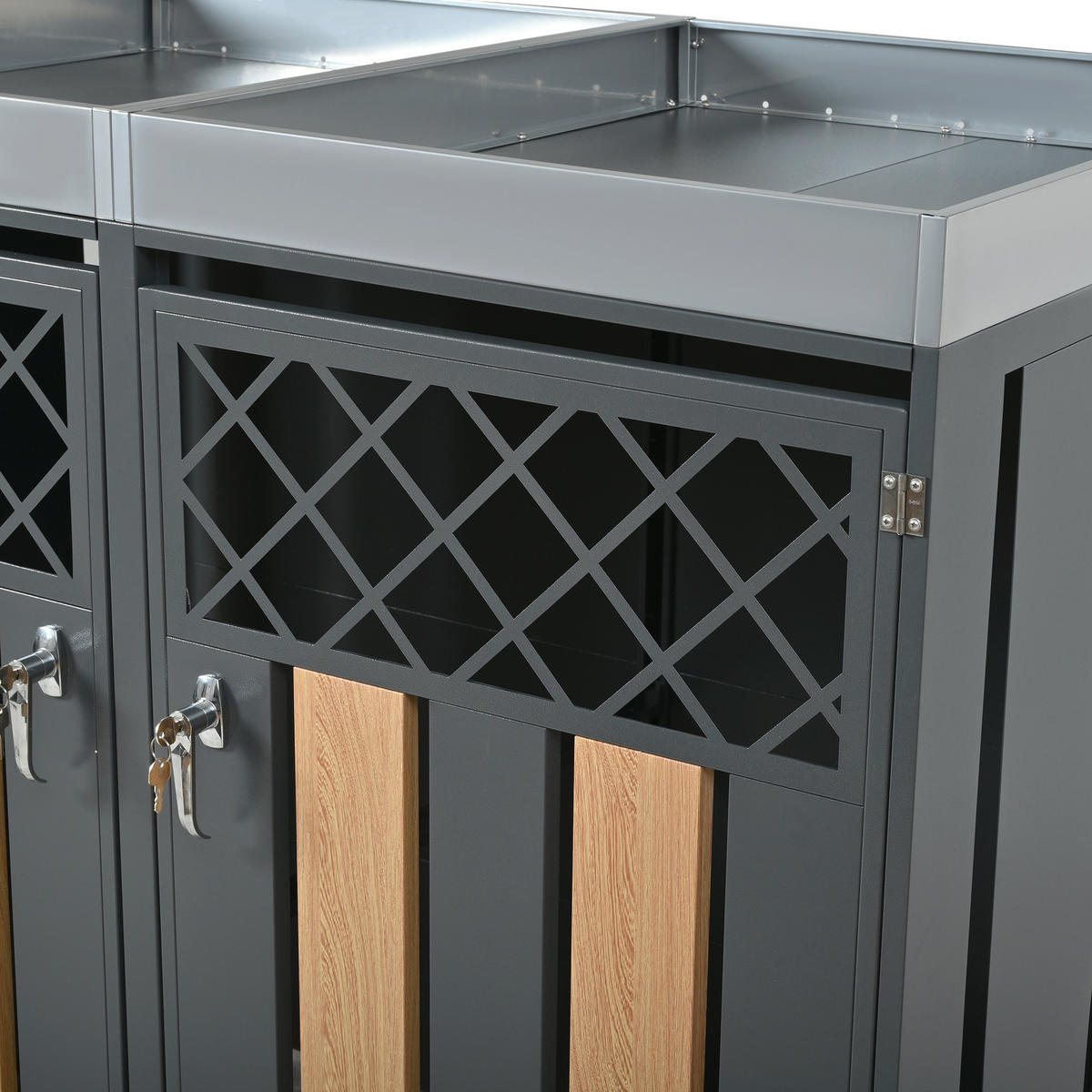 MÜLLTONNENBOX aus Stahl in Grau/Holzoptik mit Pflanzgefäß & Schloss - Grau, Metall (132/124.5/80cm) - Modfu