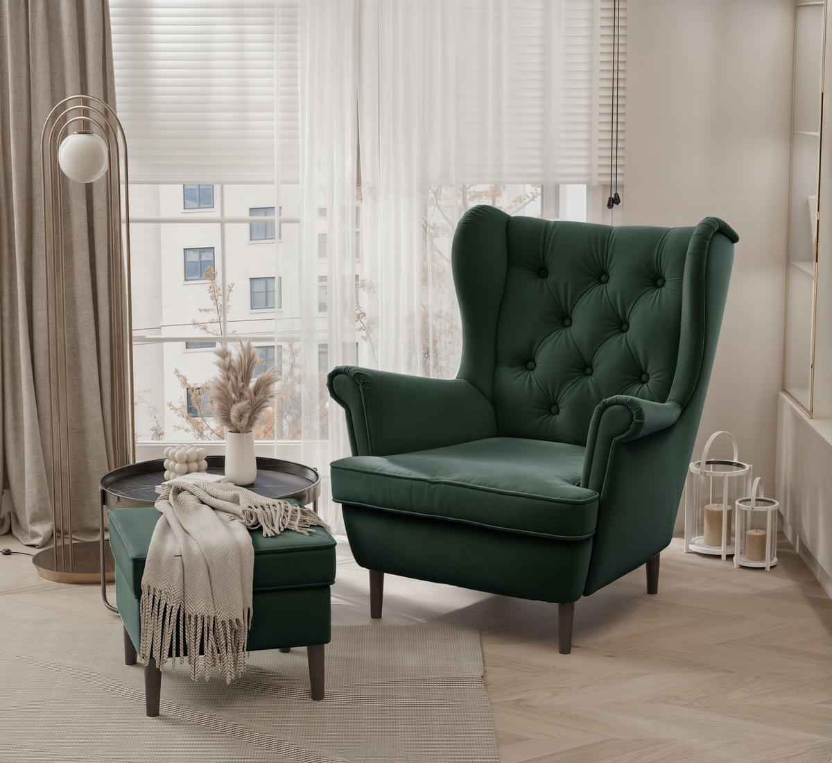 OHRENSESSEL SCANDI mit hocker, 75/60/103 cm, Grün - Waldgrün, Holz/Textil (75/103/60cm) - Idohome