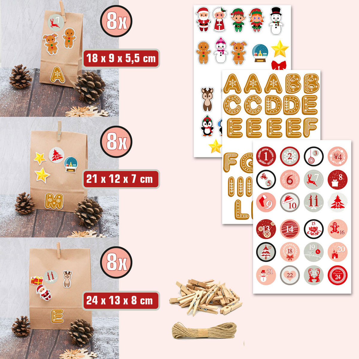 ADVENTSKALENDER zum Selbstbefüllen, 24 Papiertüten - Braun, Papier (13/8/24cm) - Dunedesign