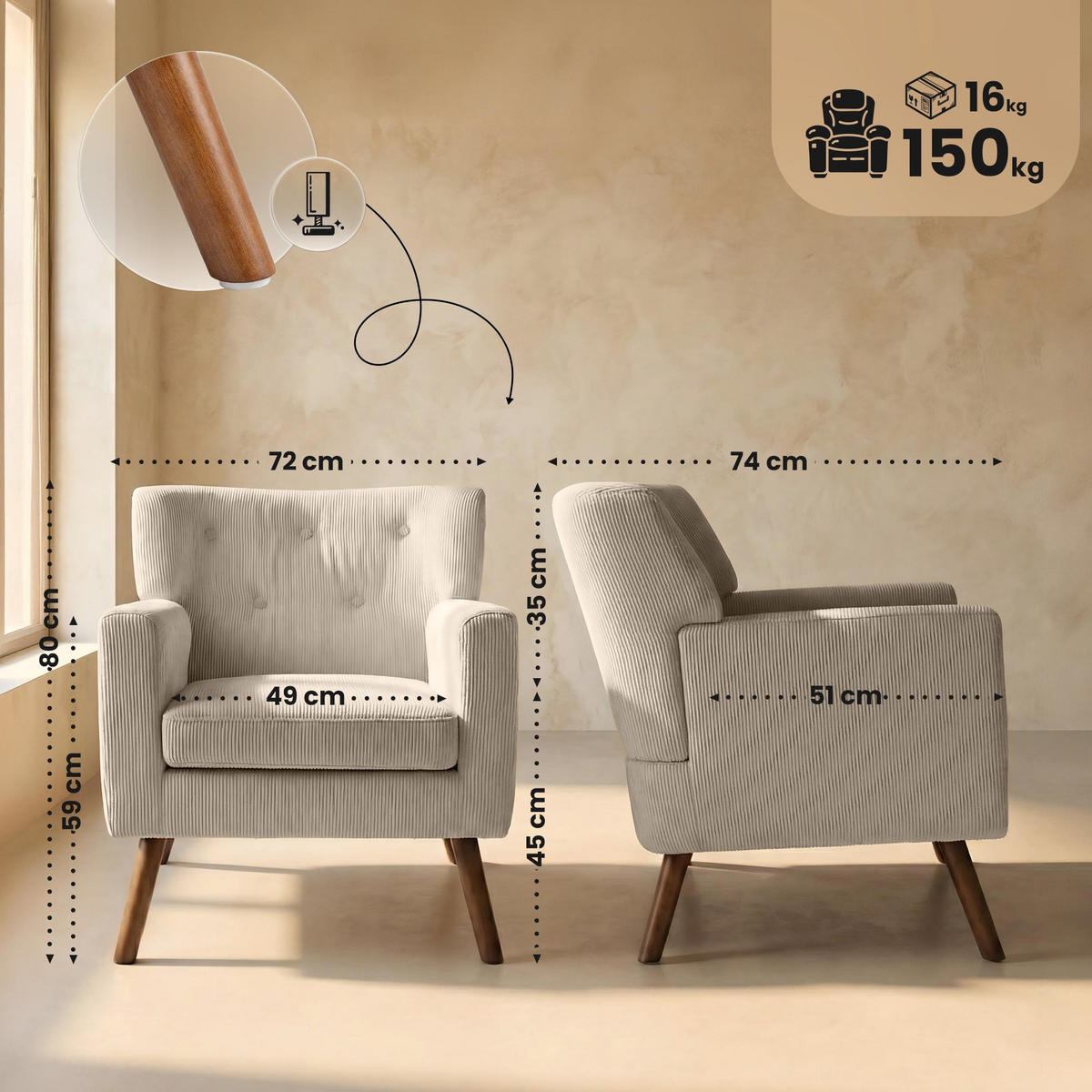 SESSEL Cord Creme - Creme/Braun, Holz/Textil (72/80/74cm) - CLP