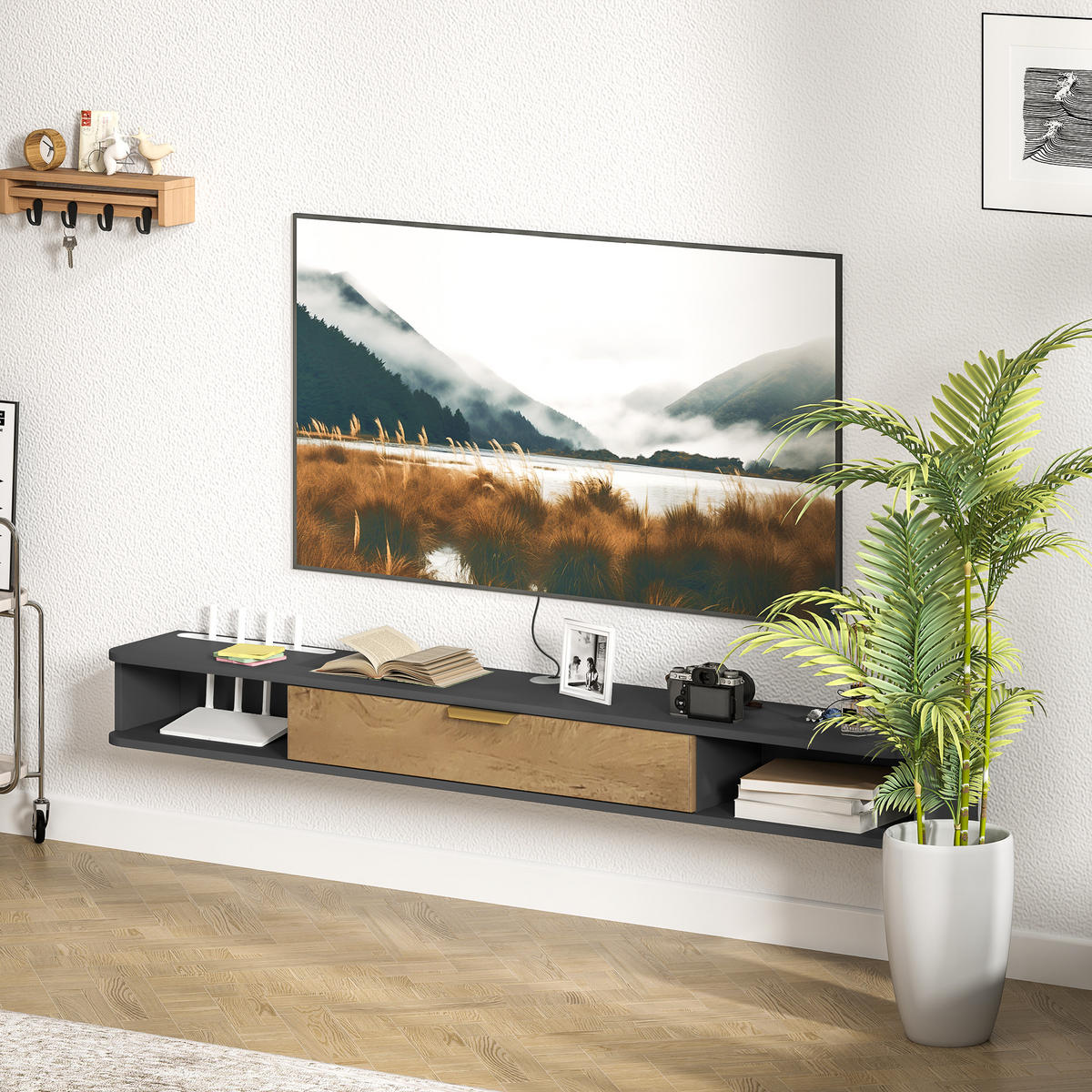 TV-LOWBOARD Grau 160/24/16 cm, Hängend, Klapptür, Offene Fächer - Grau, Holzwerkstoff (160/16/24cm) - PANGIVO