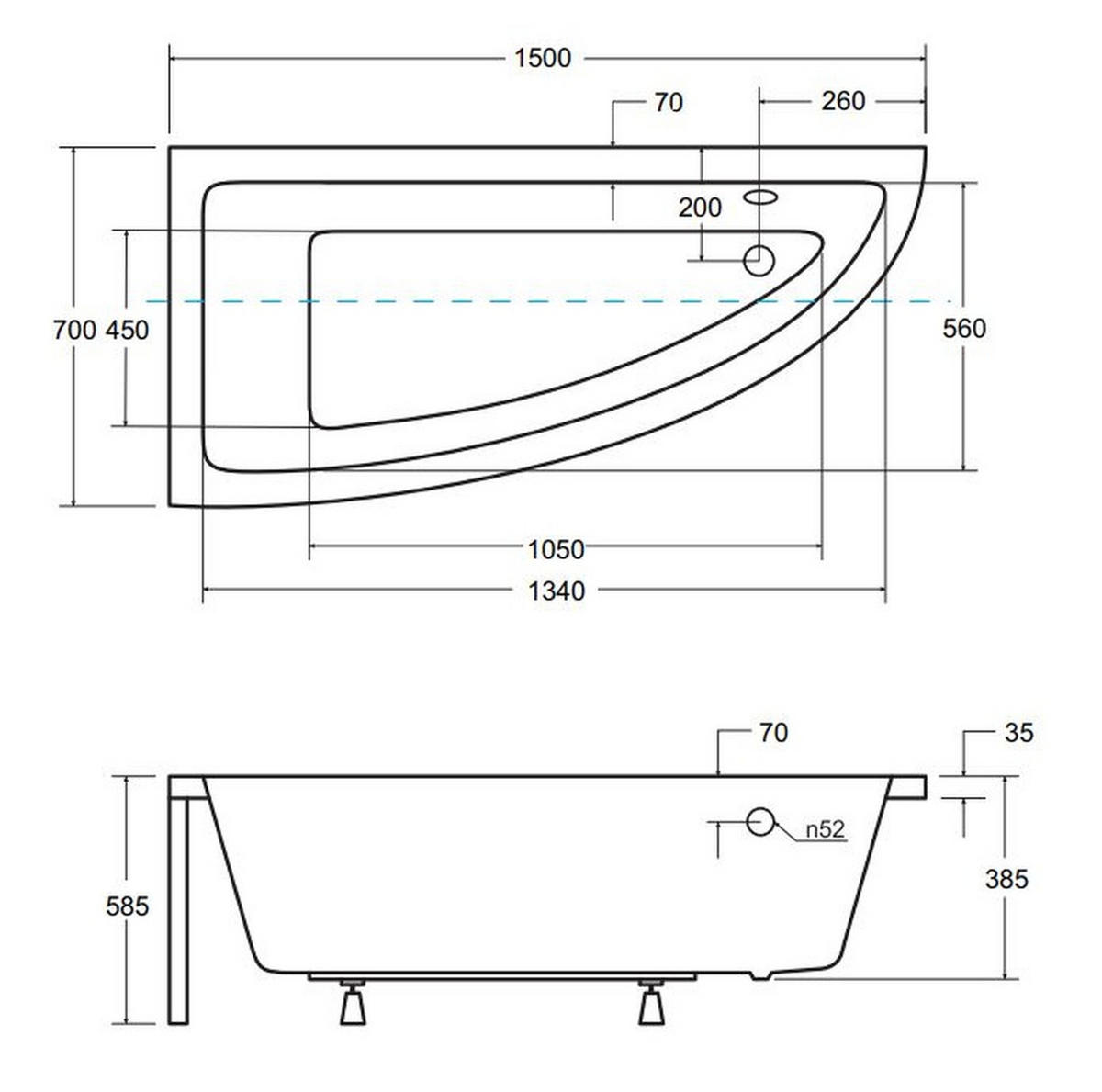 BADEWANNE Eckwanne PRAKTIKA 150/70 Links mit Styro Ablauf Füße - Weiß, Kunststoff (70/58.5/150cm) - bad land