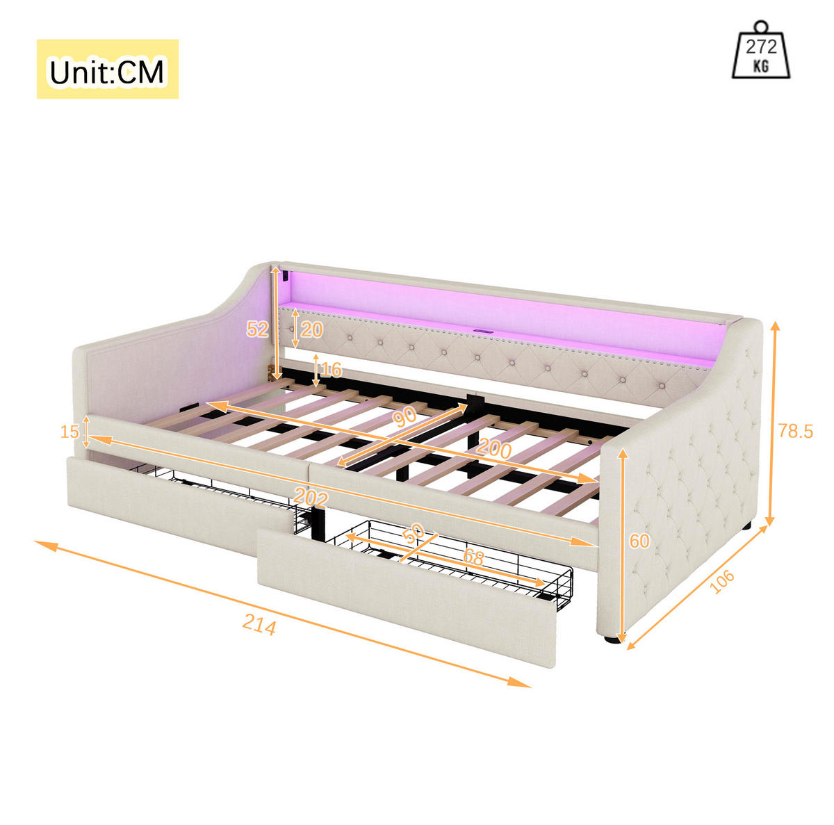 POLSTERBETT mit LED-Beleuchtung 90/200 cm mit 2 Schubladen und USB-Anschluss - Beige, Textil (90/200cm) - BEAOK