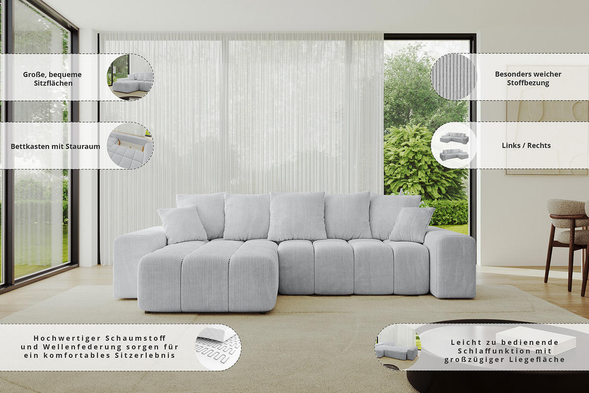 ECKSOFA Ottomane links/rechts ENIL-L 290x175x84 Dunkelgrau Cord - Dunkelgrau, Holzwerkstoff/Kunststoff (290/175cm) - ALTDECOR