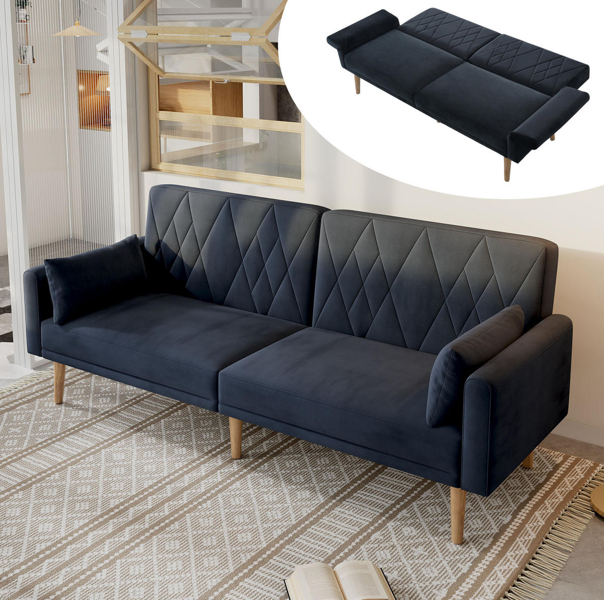 SCHLAFSOFA Samt mit geteilten Rückenlehnen und 5-fach Armlehnen Schwarz 180/75/82 cm - Schwarz, Textil (82/75/180cm) - Redom