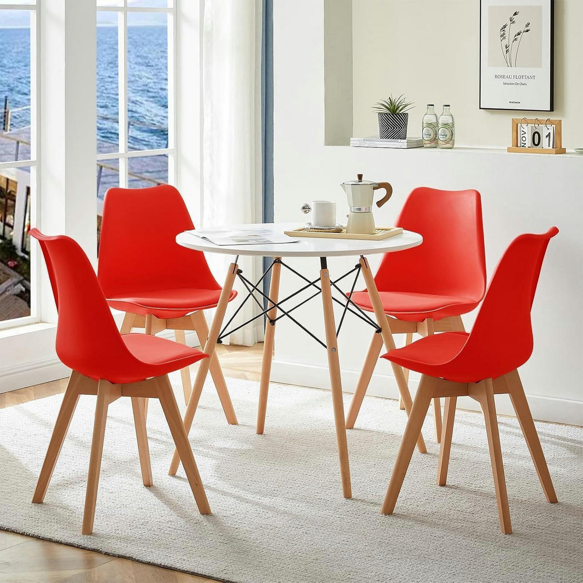 ESSZIMMERSTUHL 8er Set Rot mit Massivholzbeinen - Rot, Kunststoff (47.5/82/41cm)