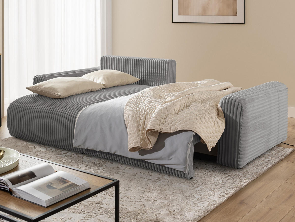 ECKSOFA Calma mit Schlaffunktion und Bettkasten im Bumpy-Design aus weichem Grau Plüschcord - Ottomane links - Schwarz/Grau, Holz/Kunststoff (239/140cm) - S-Style