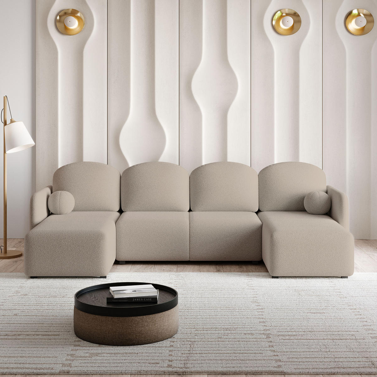 ROHOVÁ SEDAČKA NUBERO béžová - šedá/béžová, dřevo/textil (285/143cm) - MASSENO