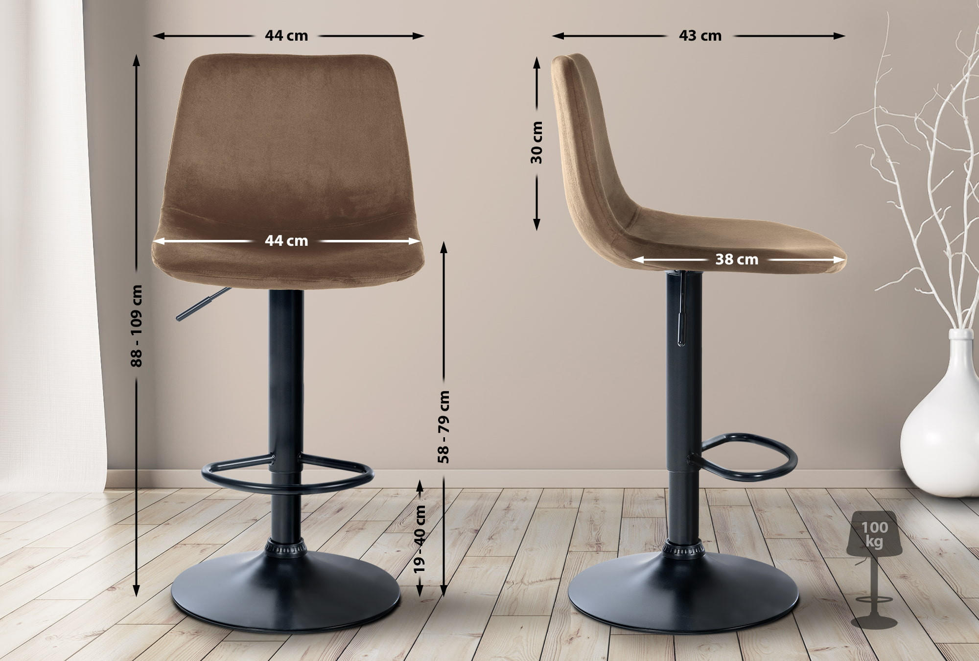 BARHOCKER Samt braun - Schwarz/Braun, Textil/Metall (44/88/43cm) - CLP