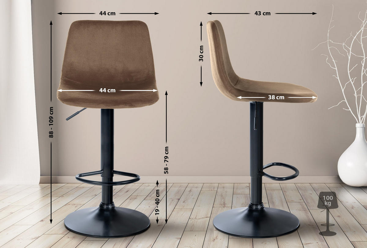 BARHOCKER Samt braun - Schwarz/Braun, Textil/Metall (44/88/43cm) - CLP