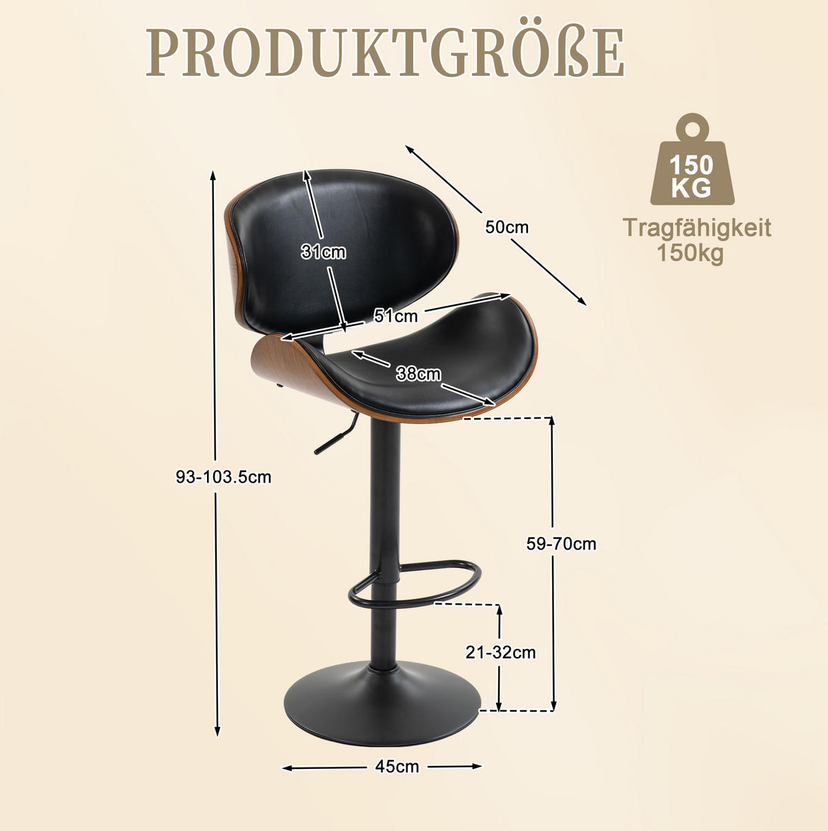 BARHOCKER drehbar höhenverstellbar 2er-Set PU-Leder Schwarz - Schwarz, Metall (50/93/51cm) - Meubliv