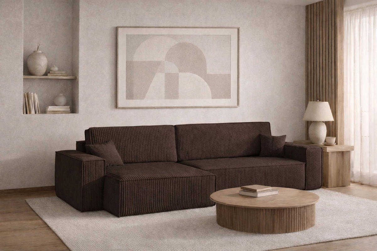 ECKSOFA Mit Schlaffunktion Und Bettkasten, Eckcouch BEST XL Stoff Poso Dicker Cord Braun Links - Schwarz/Braun, Holz/Kunststoff (142/83/274cm) - Kaiser Möbel