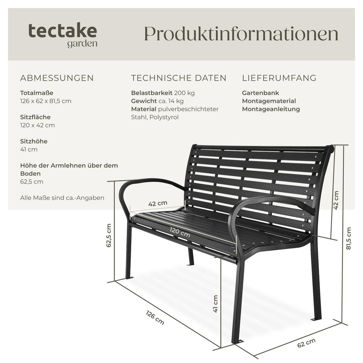 GARTENBANK Pino,126 x 62 x 81,5 cm,schwarz - Schwarz, Metall (62/81.5/126cm) - tectake