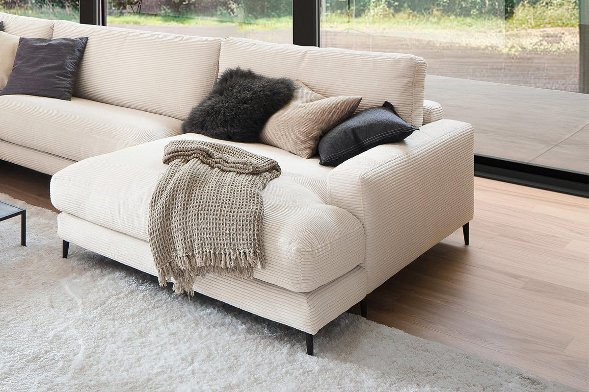 WOHNLANDSCHAFT CARA Cremeweiß Cord - Creme/Schwarz, Textil (341/84/223cm) - KAWOLA