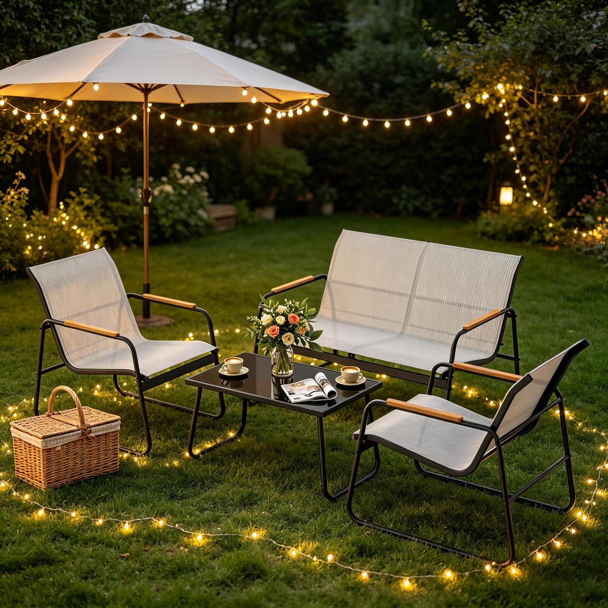 GARTENMÖBEL-SET Grau 4-teilig mit Glastisch & Armlehnen in Holz-Optik - Grau, Metall - PANGIVO