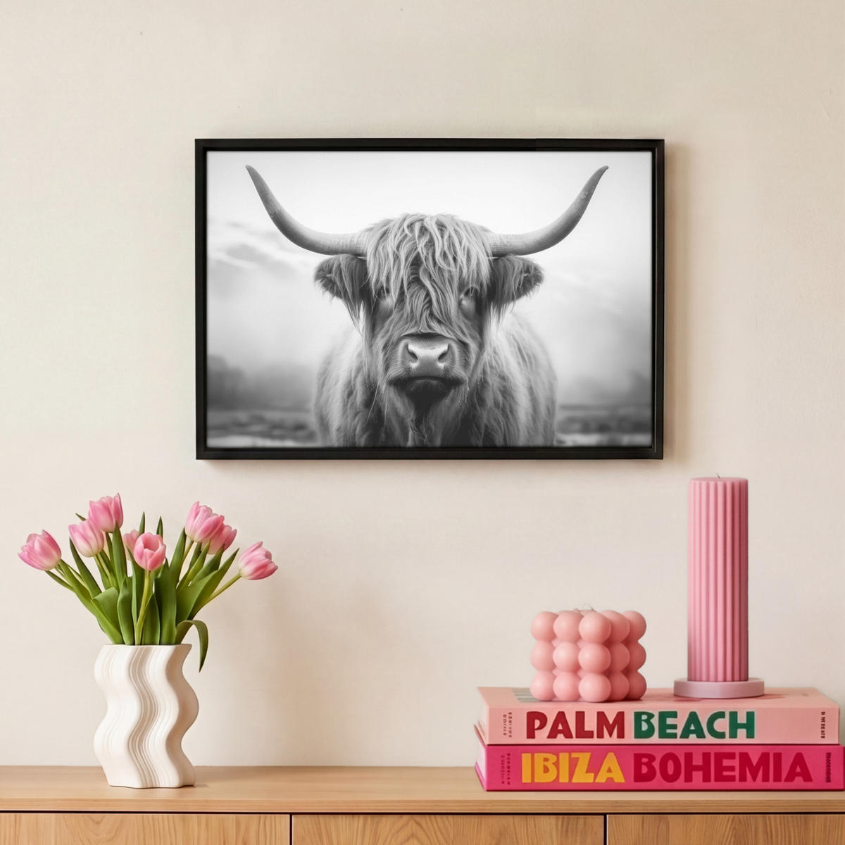 LEINWAND Bilder mit Rahmen - Schottischer Highlander - Nebel - Schwarz - Weiß - 30x20 - Grau, Textil (30/20cm) - MuchoWow