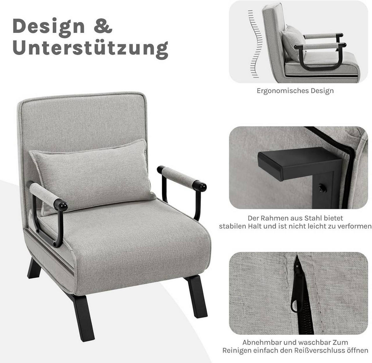 SCHLAFSESSEL 3 in 1, mit Verstellbarer Rückenlehne, Leinen Hellgrau - Hellgrau/Schwarz, Textil/Metall (65/78/75cm) - Woltu