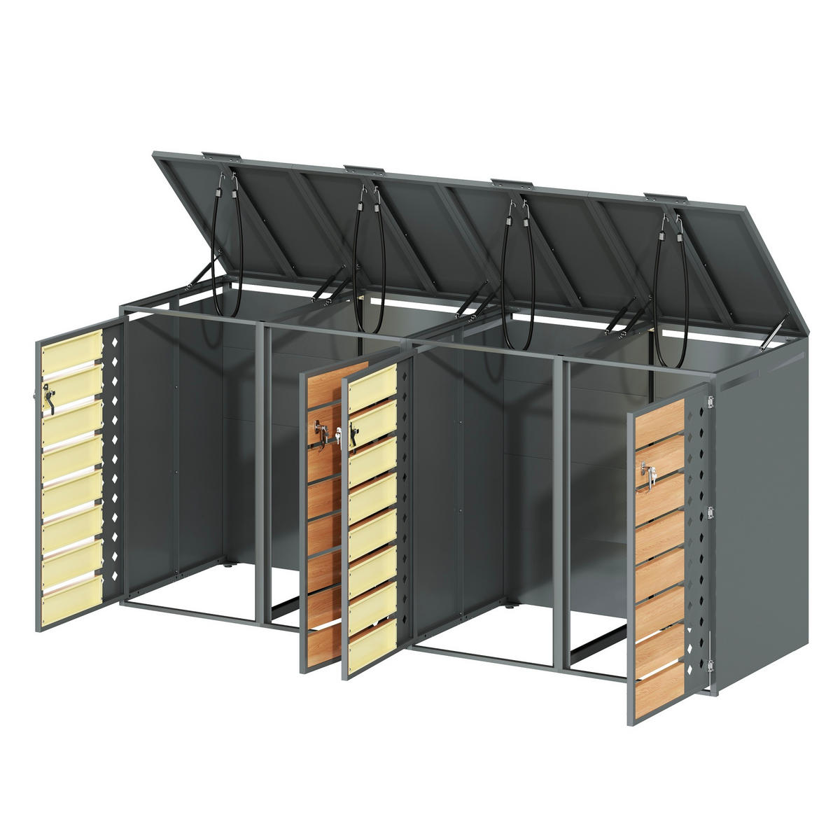 MÜLLTONNENBOX aus Stahl in Grau/Holzoptik mit hydraulischem Klappdeckel 264x80x118,5 cm - Grau, Metall (264/118.5/80cm) - Modfu