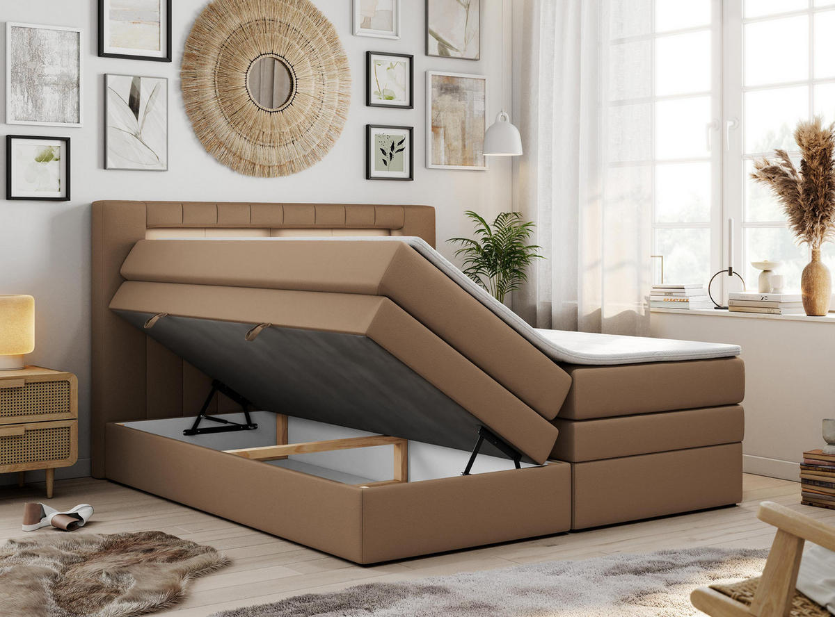 BOXSPRINGBETT GOLD-5 KING LED 200/200 Braun Kunstleder - H3 - Braun, Holz/Textil (200/200cm) - MKS