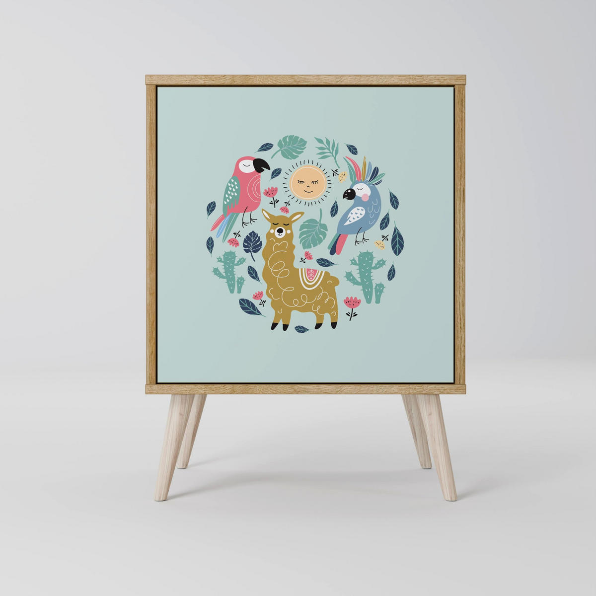 SIDEBOARD COLORFUL ALPACAS, Grau, 57,5x42x77,5 cm, Schräge Buchenholzfüße - Buchefarben/Multicolor, Holzwerkstoff/Buchenholz (57.5/77.5/42cm) - SpaceRebels