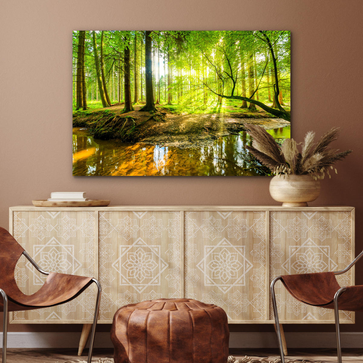 METALLBILD Wald - Landschaft - Wasser - Bäume - Sonne - Grün - Natur 90x60 cm - Grün, Metall (90/60cm) - MuchoWow