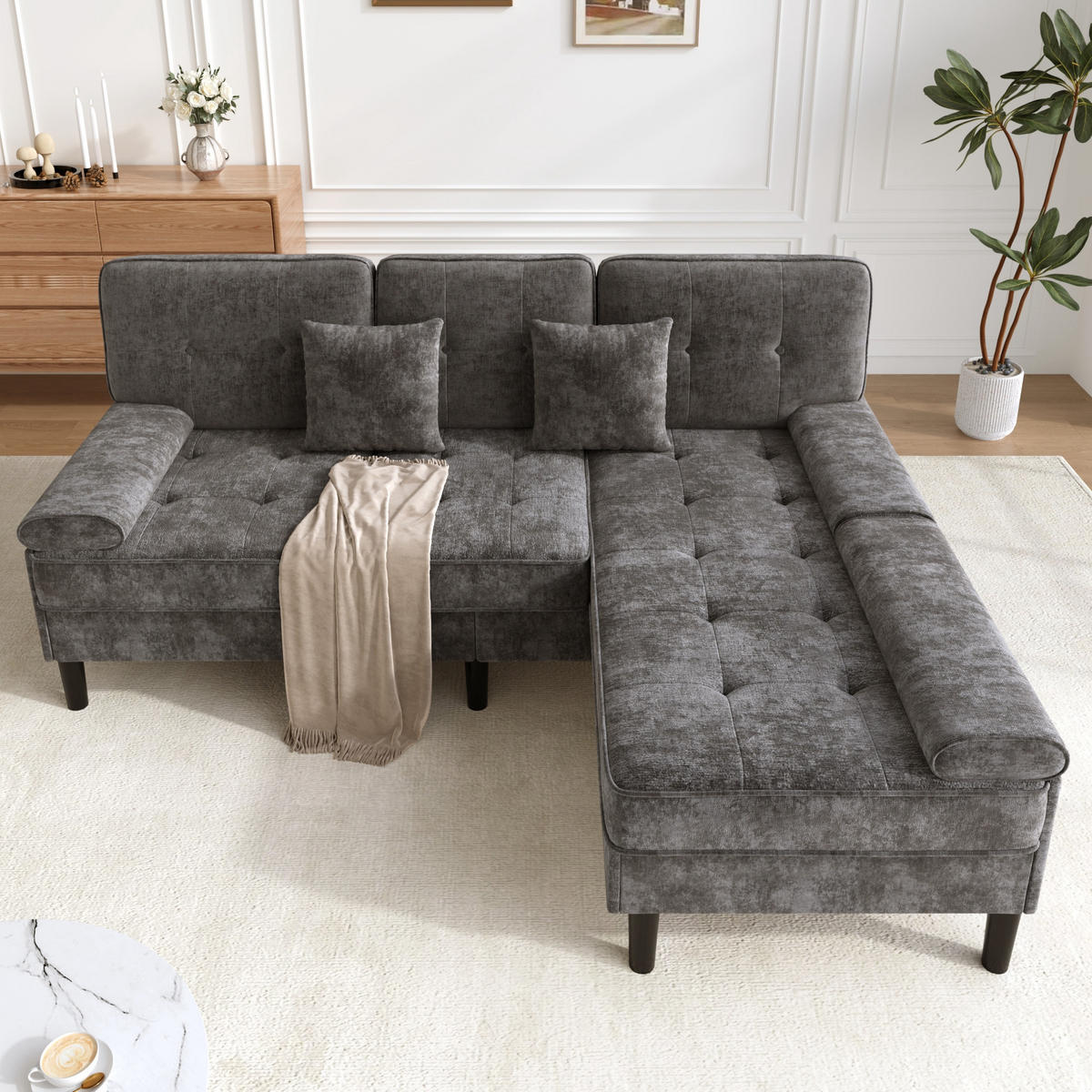 ECKSOFA Chenille mit modularer Fußbank 195/149/86 cm Grau - Grau, Textil (149/195cm) - Redom
