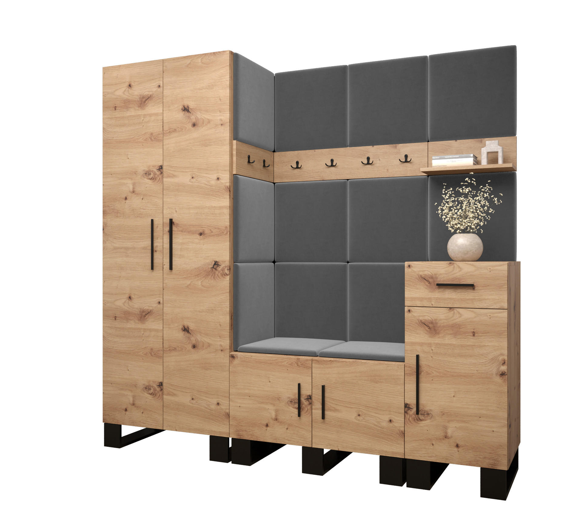 Abiks Möbel Garderoben-Set Eiche Artisan, Grau 200x196x45.6 cm