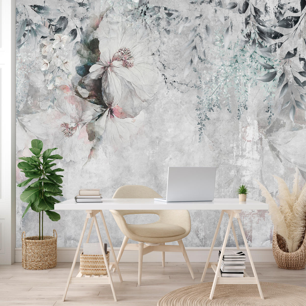 FOTOTAPETE für Büro Zarte Blätter Grau Betonwand Blumen Natur 450x315 - Grau, Papier (450/315cm) - Muralo