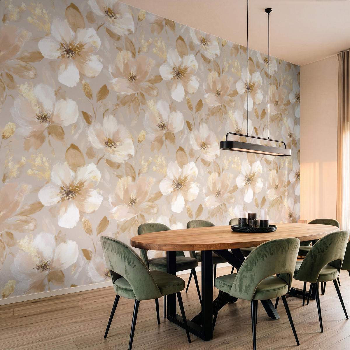 TAPETE - Blumen - künstlerisch - Gold - 450x280 cm - Beige, Papier (450/280cm) - OnlyWow