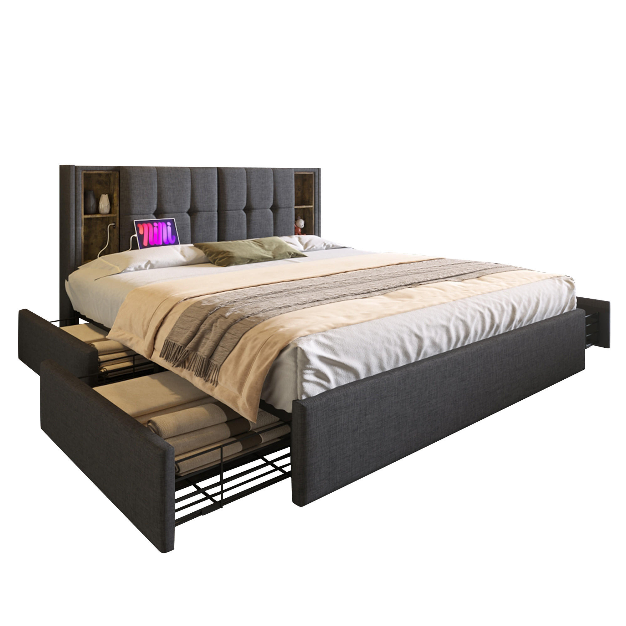 POLSTERBETT 160/200 cm in Grau mit 4 Schubladen, USB und Type-C Leinen - Grau, Holzwerkstoff/Textil (160/200cm) - STILVORA