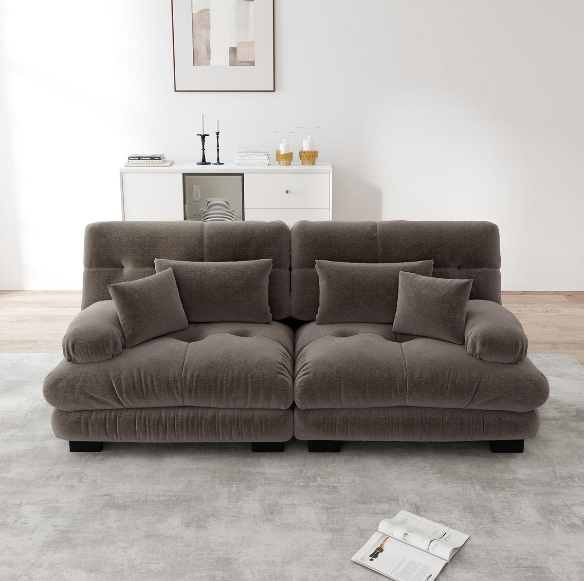 ECKSOFA aus Chenille mit modularer Gestaltung und Rundarmlehnen, Braun - Braun, Textil (220/77cm) - Redom