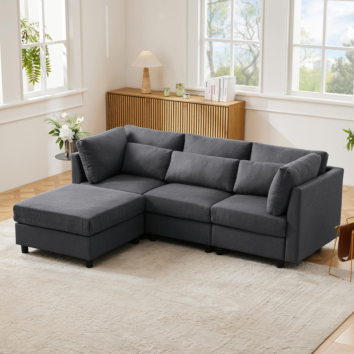 ECKSOFA Leinenstoff mit Fußhocker und Rücken Armlehnenkissen 220/83/81 cm Grau - Grau, Textil (81/83cm) - Redom