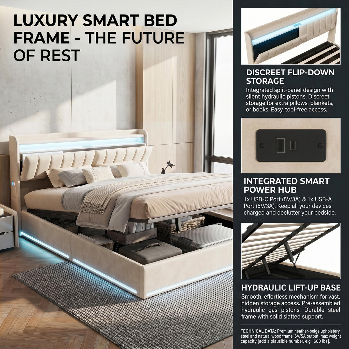 POLSTERBETT Längssteppung 140/200 cm mit Bettkasten & App-LED Samtoptik Beige - Beige, Textil (140/200cm) - Creahappy
