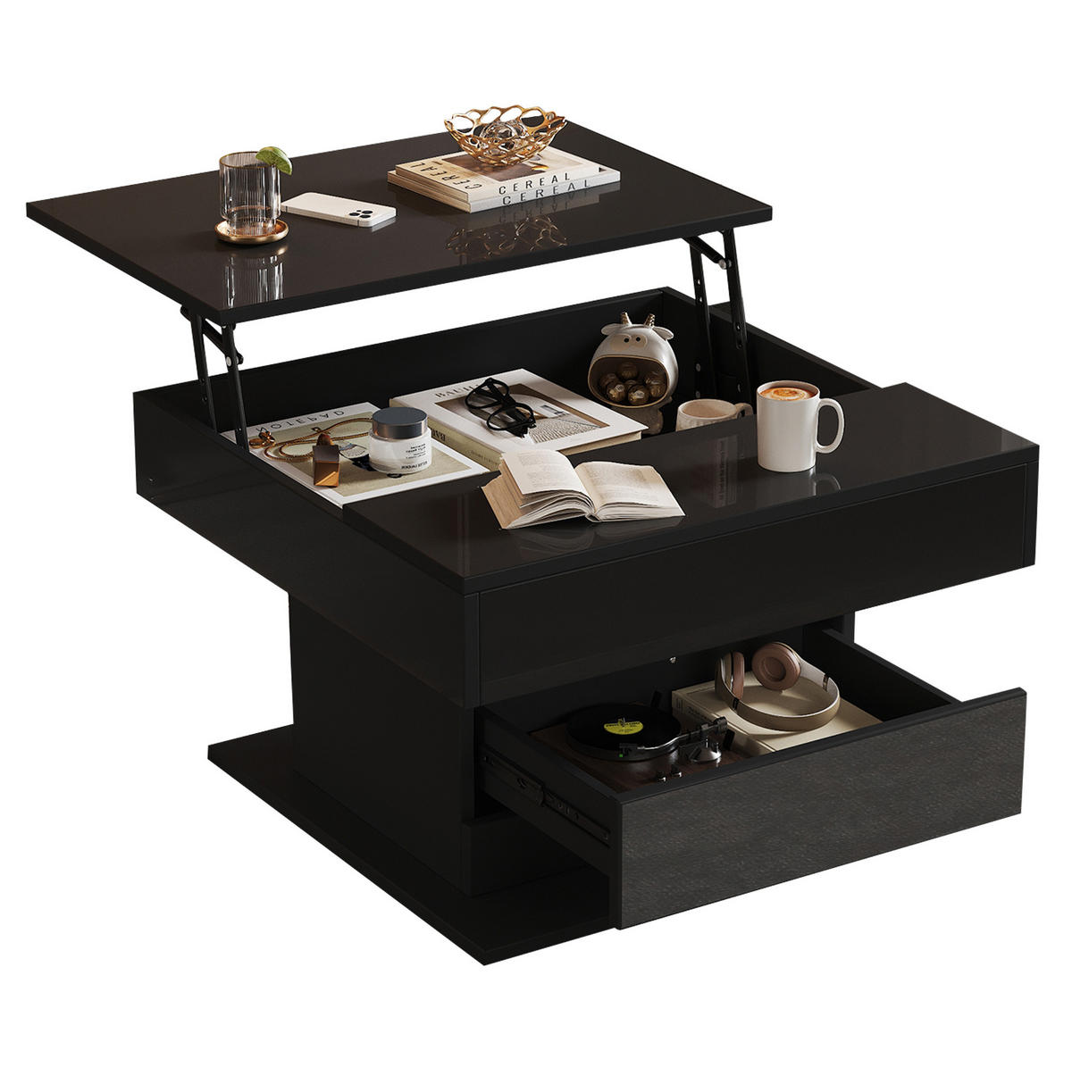 COUCHTISCH aus Spanplatte 70x70x45 cm Schwarz mit drehbarer, höhenverstellbarer Platte und verstecktem Stauraum - Schwarz, Holzwerkstoff (70/70/45cm) - Modfu