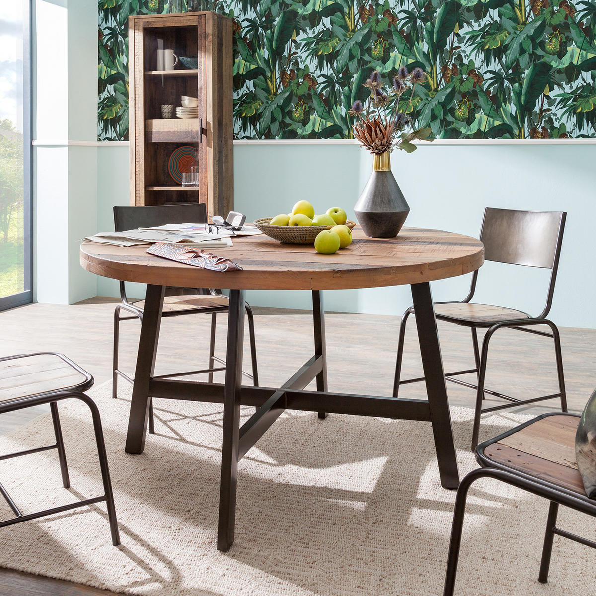 ESSTISCH rund - Pinie massiv / Edelstahl - Braun, Holz (130/130/76cm) - home24