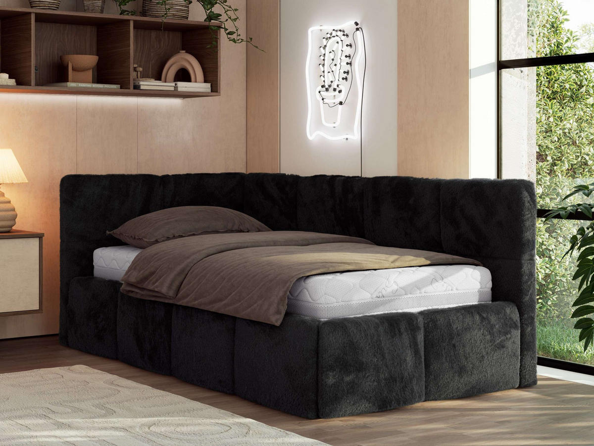 JUGENDBETT ARVO 90/200 - Schwarz Plüsch - Pocket-Matratze - Links Seite - Schwarz, Textil (90/200cm) - MKS