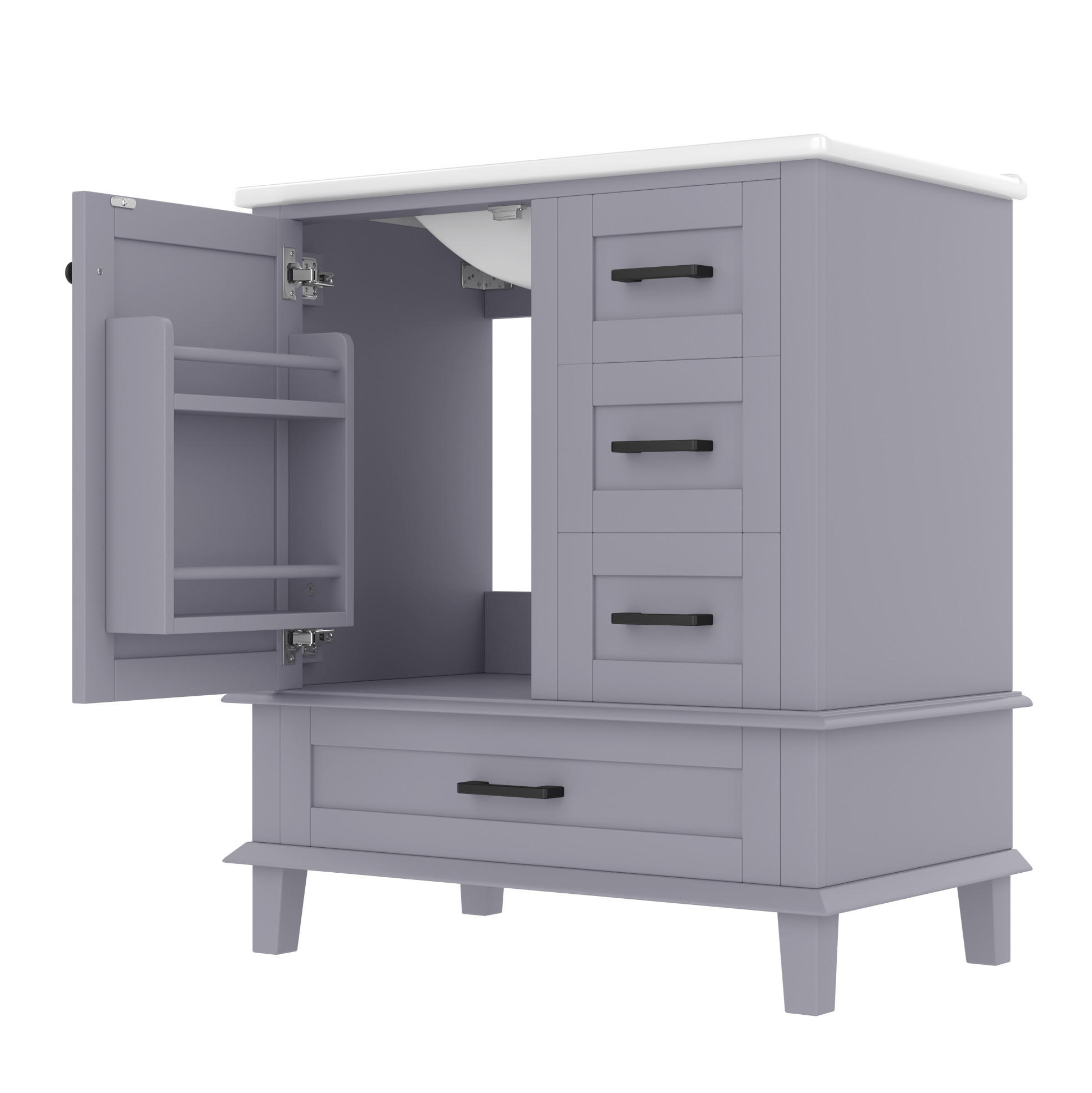 Modfu KOUPELNOVÁ skříňka s umyvadlem z MDF a keramiky 76x46x83,5 cm šedá se 3 zásuvkami a policí za dvířky